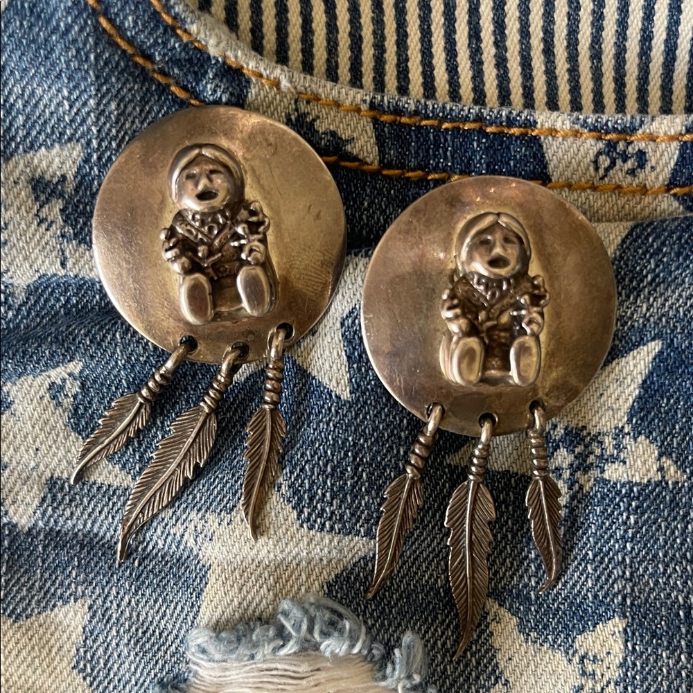 native American vintage Sterling Silver  Feather Dangle Kachina Earrings